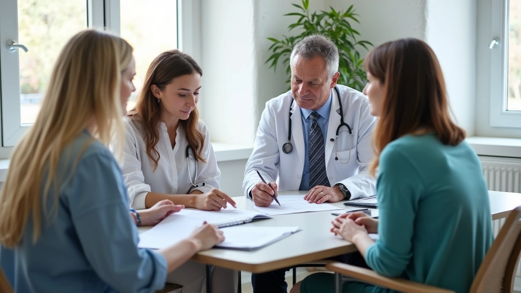 Diverse mental health professionals including psychiatrist and therapist in clinical consultation room reviewing patient trea