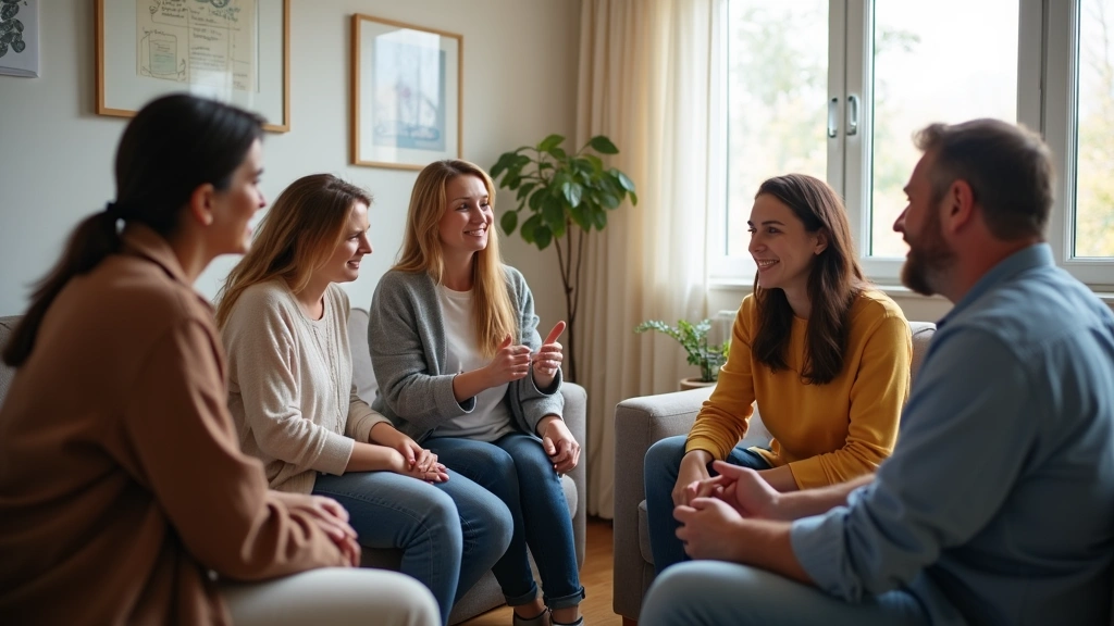 Supportive family therapy session with counselor facilitating conversation between patient and family members in a warm, ther