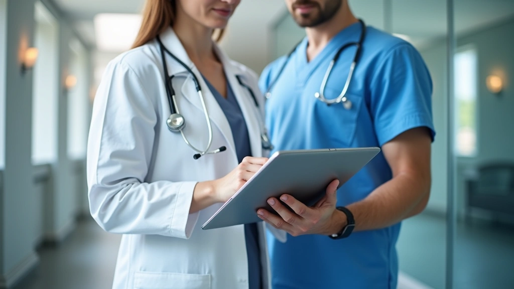 Healthcare professional using tablet computer to review patient medical records in modern clinic office setting, professional