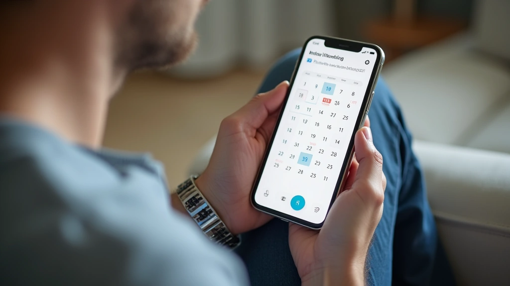 Patient using smartphone to schedule doctor appointment online, sitting at home with calendar application visible on mobile d