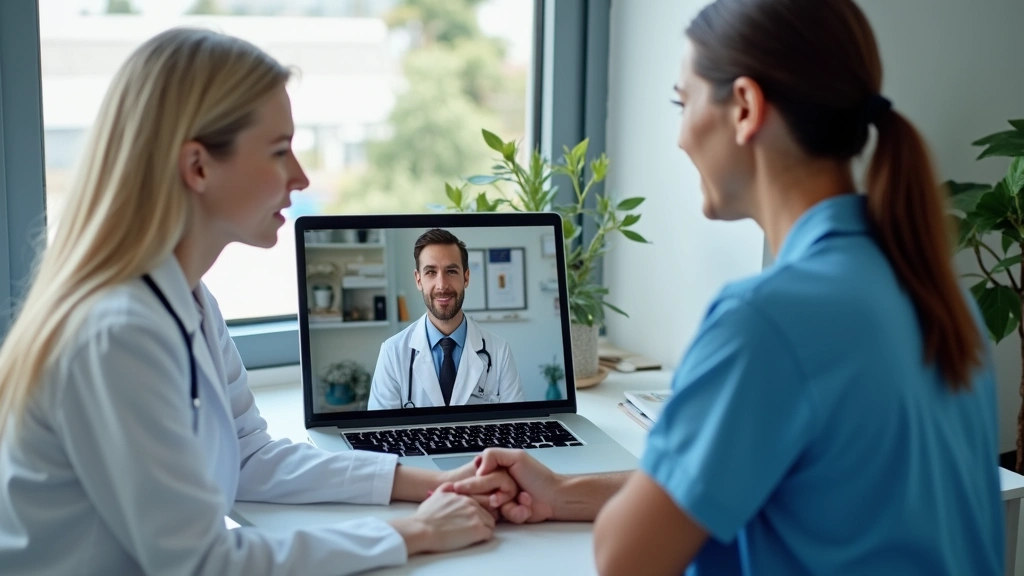 Doctor and patient having secure video consultation on laptop computer in medical office, telehealth interaction between heal