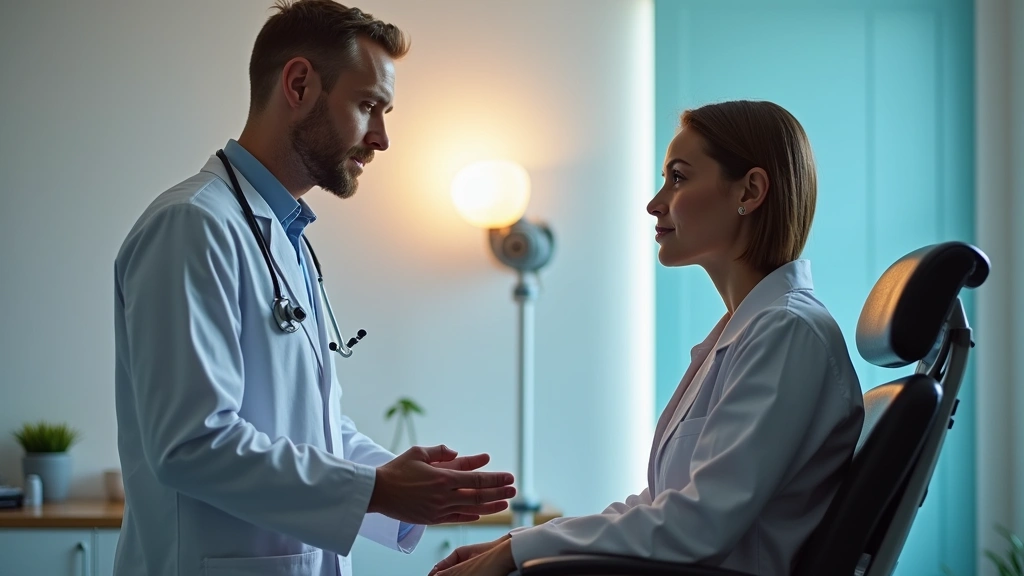 Professional healthcare provider in white coat consulting with patient in modern medical clinic examination room with warm lighting