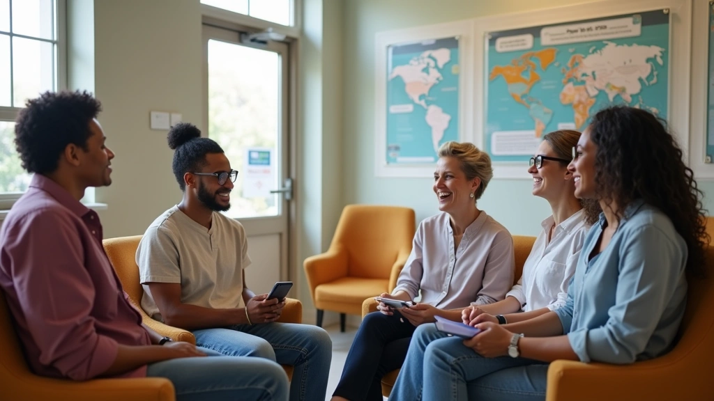 Diverse patients in welcoming community health center waiting room with comfortable seating and informational health posters