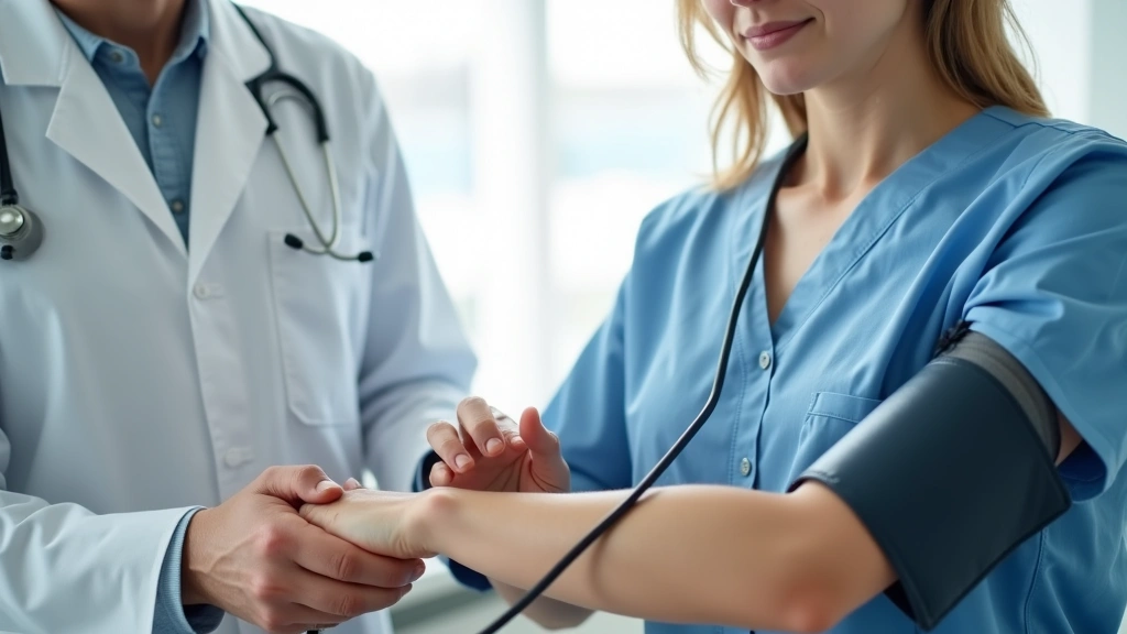 Medical professional taking patient blood pressure during routine physical examination in bright clinical setting