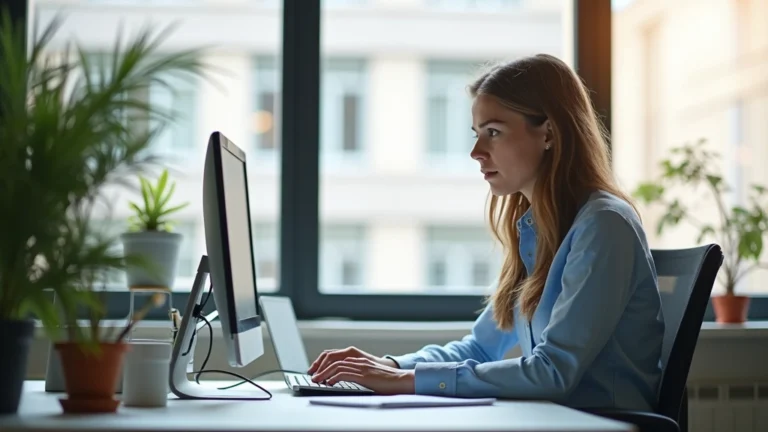 Professional female science editor reviewing health articles on computer in modern office, focused concentration, bright natural lighting, contemporary workspace