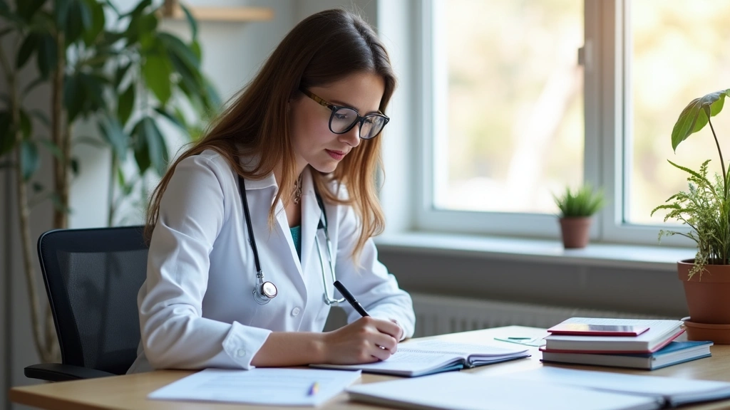 Academic researcher writing health article at desk with medical journals and notes, professional environment, natural window