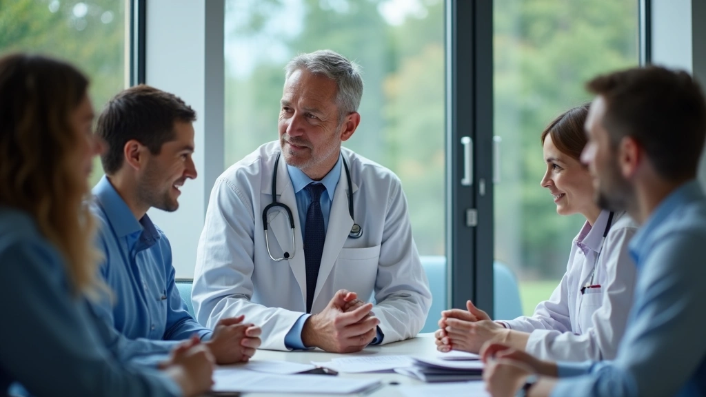 Senior editor in discussion with health experts about medical research, professional meeting setting, diverse team, modern he