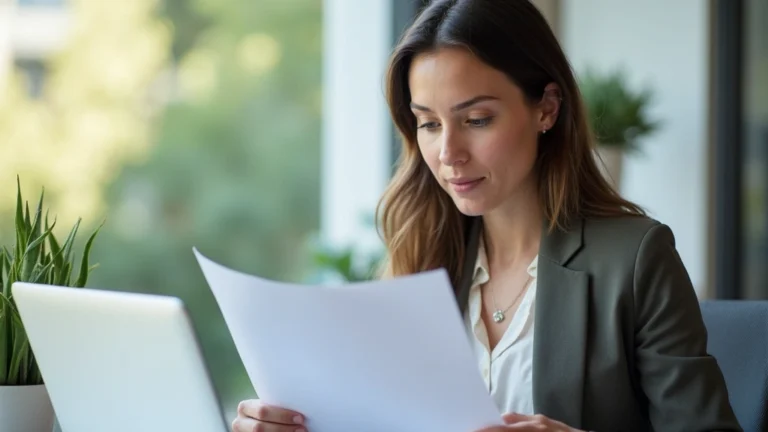 Professional woman reviewing health insurance documents at desk with laptop, natural lighting, focused expression, modern office setting, no text visible