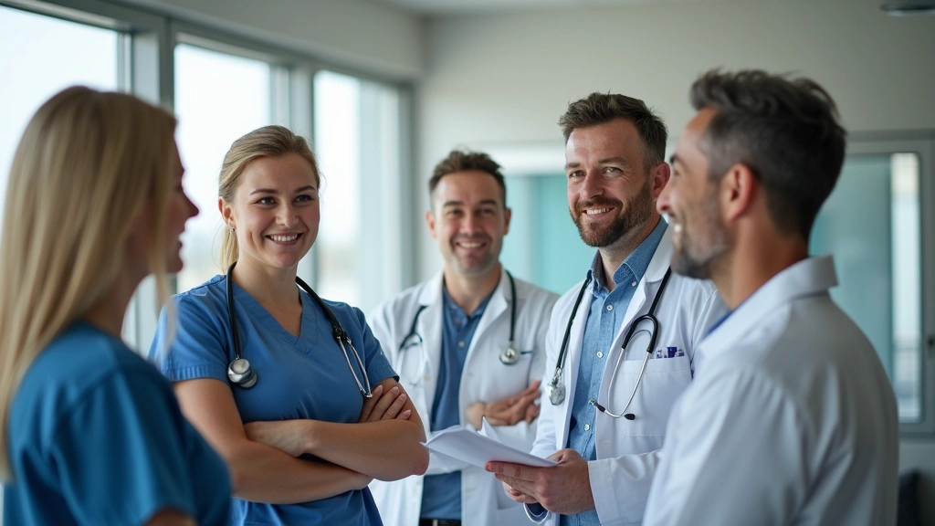 Diverse group of customers speaking with healthcare representative in modern clinic waiting room, professional attire, friend