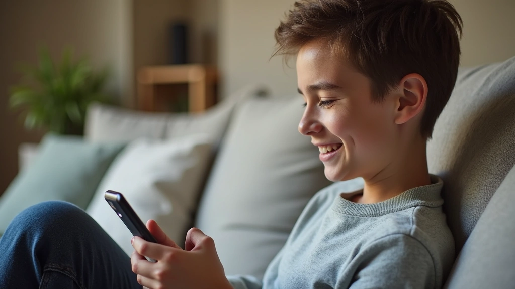 Young adult using smartphone to access insurance account on mobile app, sitting in comfortable home setting, satisfied expres