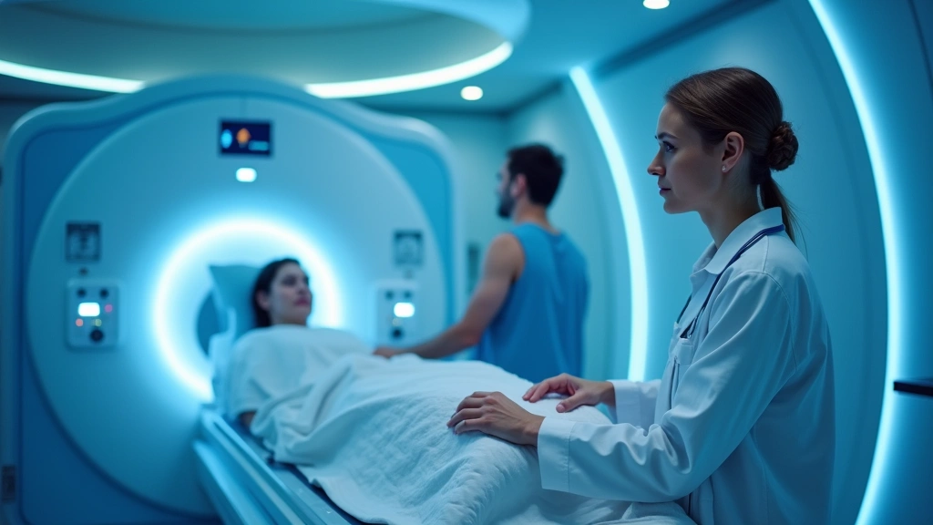 Professional medical imaging technician operating advanced MRI machine in modern diagnostic imaging center, patient in background, clinical setting with blue accent lighting