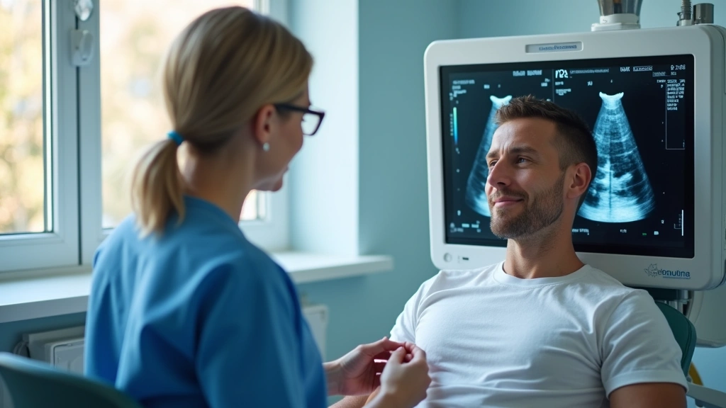 Calm patient receiving ultrasound examination from experienced sonographer in bright medical facility, professional healthcar