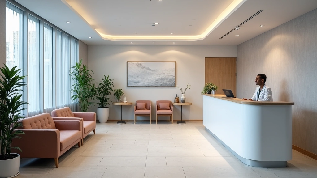 Modern diagnostic imaging center reception area with comfortable seating, professional staff at desk, clean medical office en