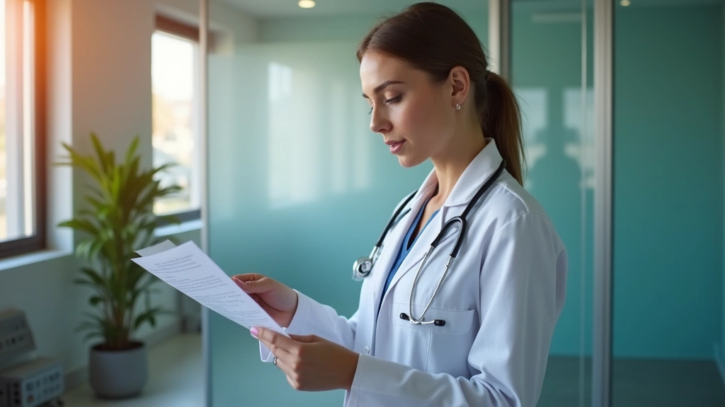 Professional female doctor in white coat reviewing patient medical chart in modern clinic examination room with warm lighting