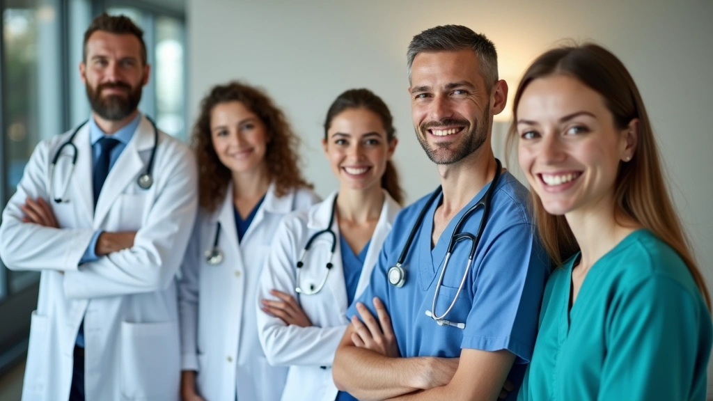 Diverse group of healthcare professionals including doctors, nurses, and staff smiling in medical office waiting area