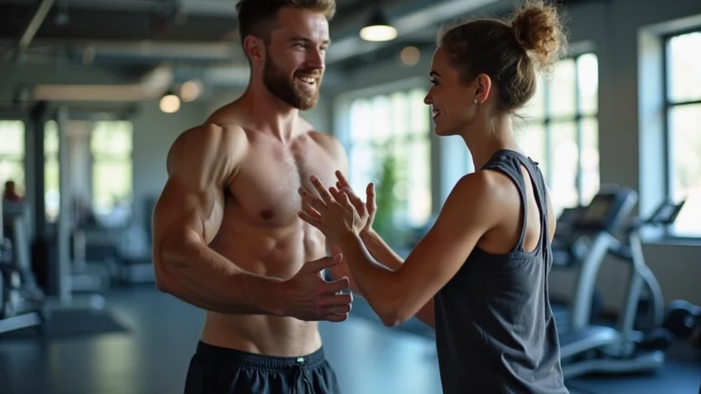 Professional male fitness trainer guiding client during strength training workout in modern gym, motivational coaching session, realistic healthcare setting