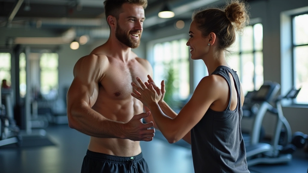 Professional male fitness trainer guiding client during strength training workout in modern gym, motivational coaching session, realistic healthcare setting