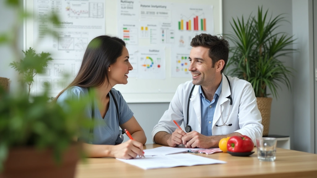 Nutritionist consulting with client about meal planning and diet chart, professional healthcare office, healthy food discussi