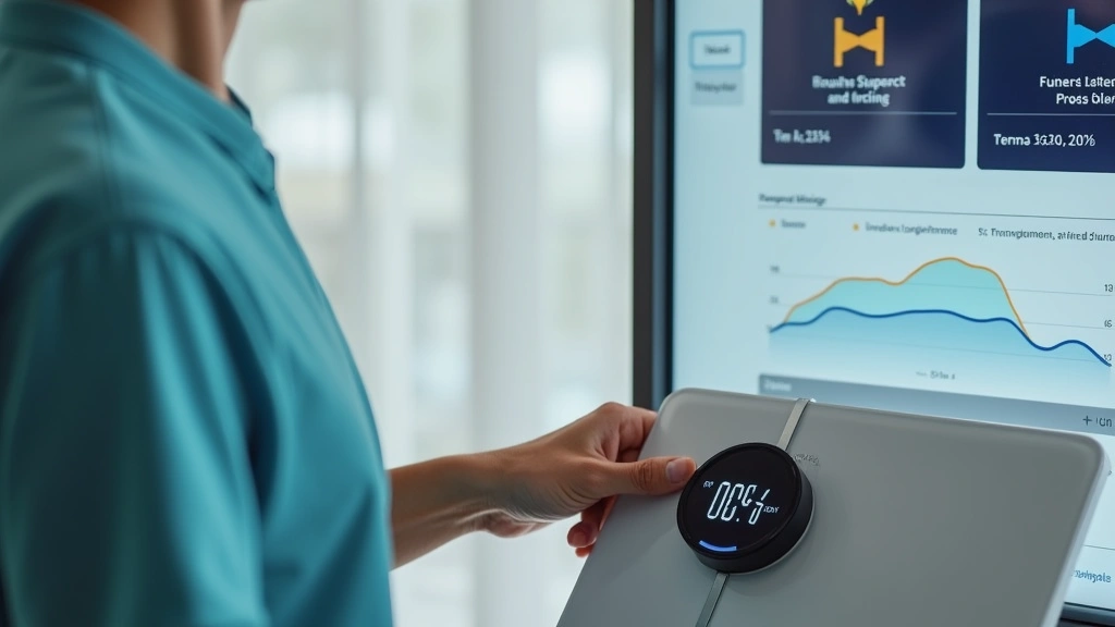 Person measuring progress with fitness tracker and scale, health monitoring dashboard, wellness assessment in clinical settin