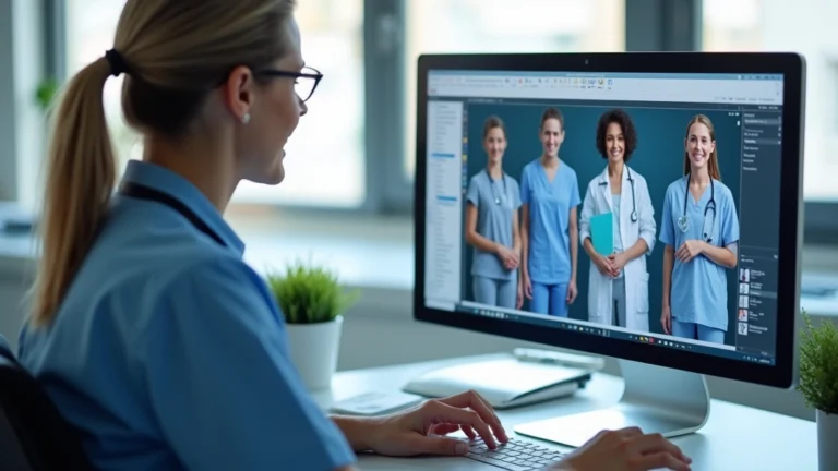 Healthcare professional reviewing patient medical records on a computer screen in a clinical office setting, professional medical environment