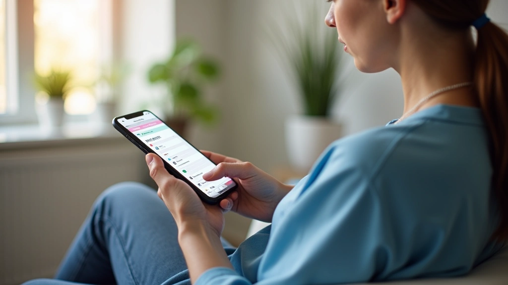 Patient using smartphone to access healthcare portal app, sitting at home, modern interior, natural lighting