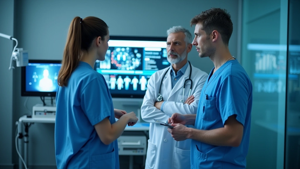 Medical team collaborating in a modern hospital or clinic with digital displays showing patient information and health data