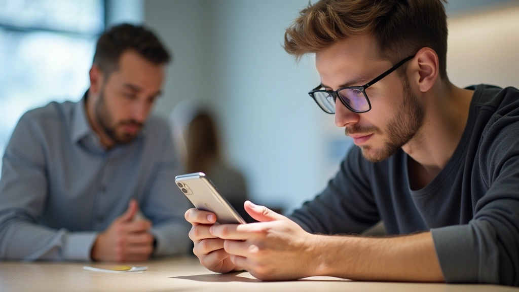 Professional Apple Genius Bar technician examining iPhone screen damage in modern Apple Store, bright natural lighting, customer in background