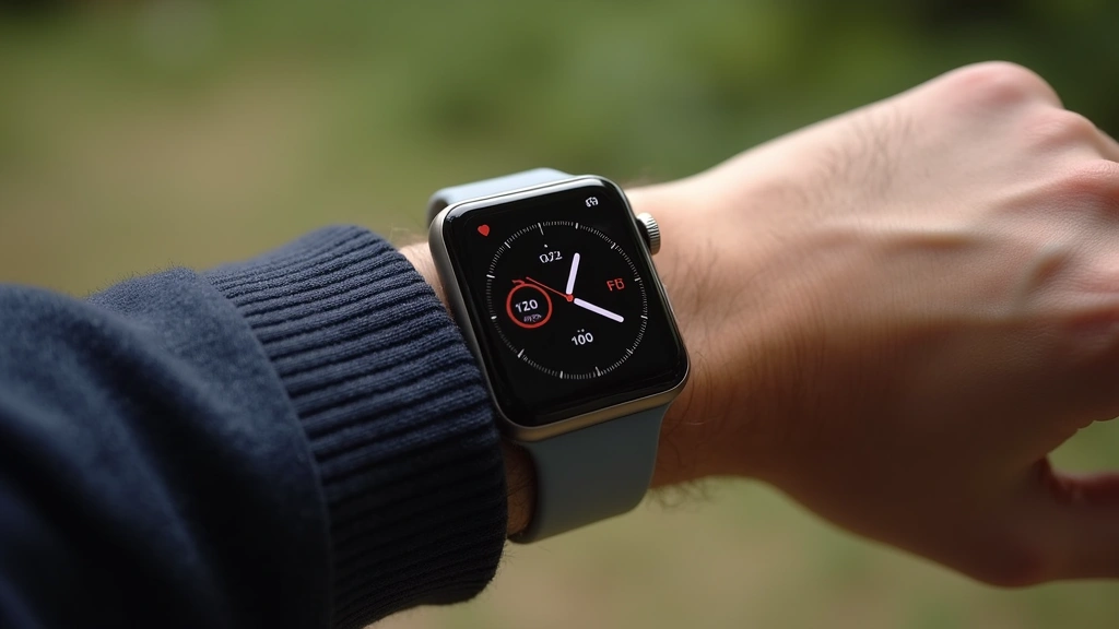 Close-up of Apple Watch displaying health metrics and heart rate data on wrist, outdoor setting with natural daylight