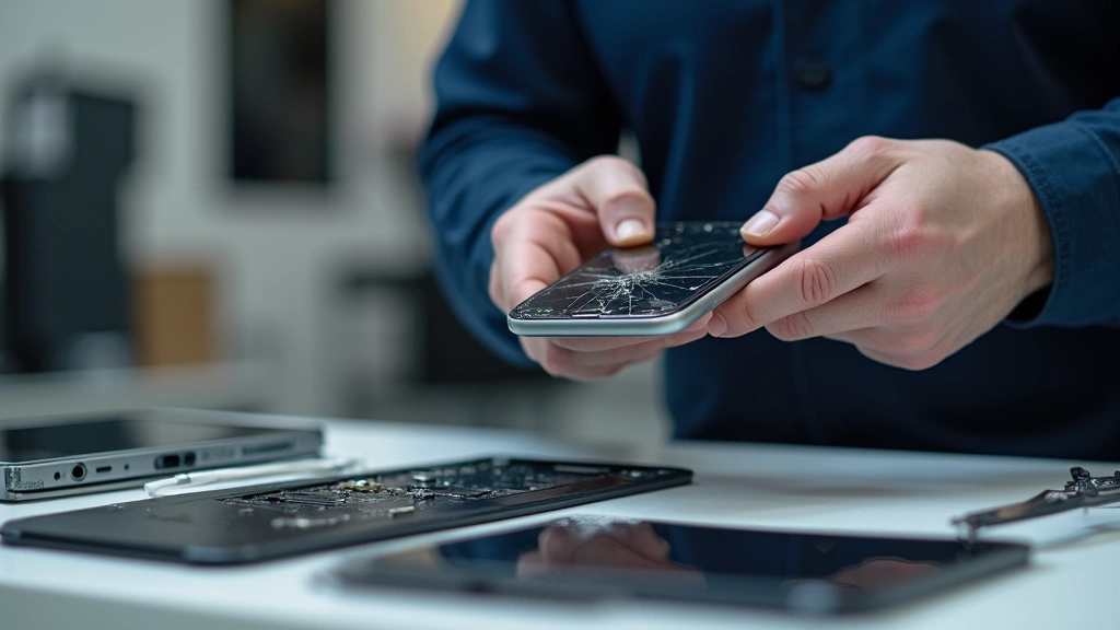 Apple technician holding cracked iPhone screen repair part next to new device in authorized service center, professional envi