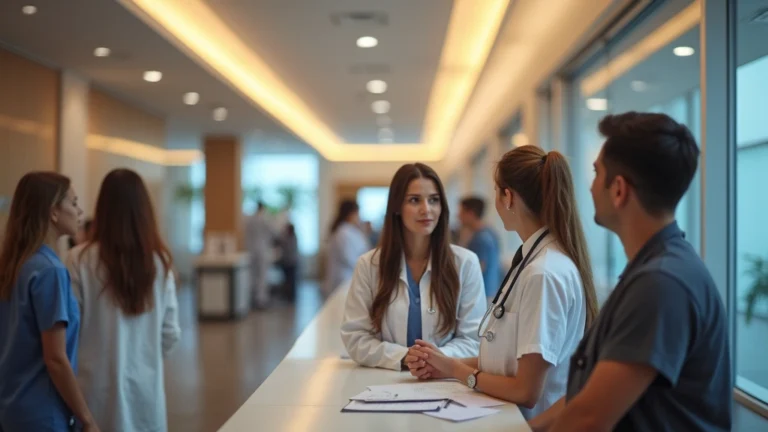 Professional medical clinic reception area with diverse patients checking in, warm lighting, modern healthcare facility interior, welcoming atmosphere
