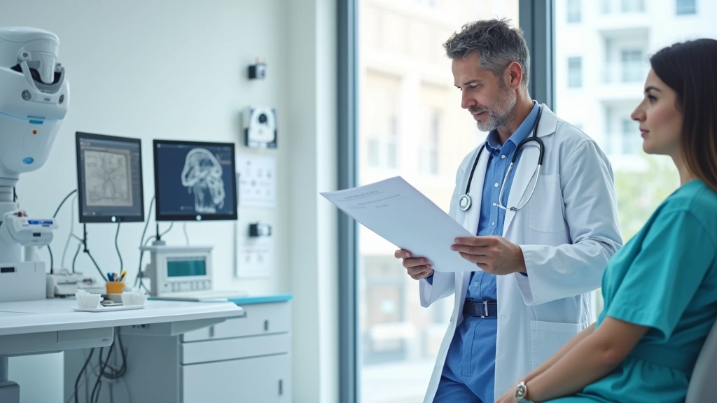 Healthcare provider in white coat reviewing patient chart in bright clinical office, professional medical consultation settin