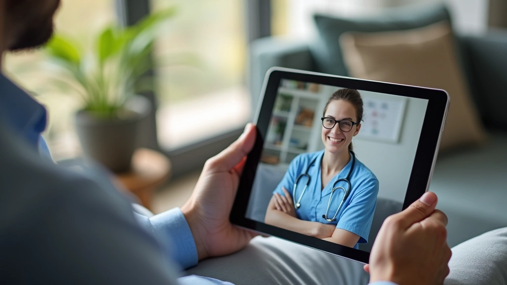 Patient using tablet for virtual telehealth appointment in home setting, comfortable living space, video call interface, mode