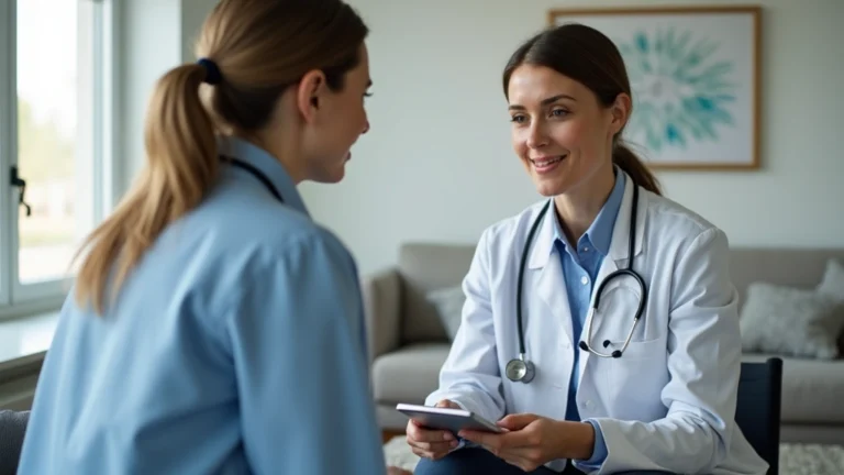 Professional woman using tablet for virtual medical consultation with healthcare provider, modern home office setting, natural lighting, focused expression