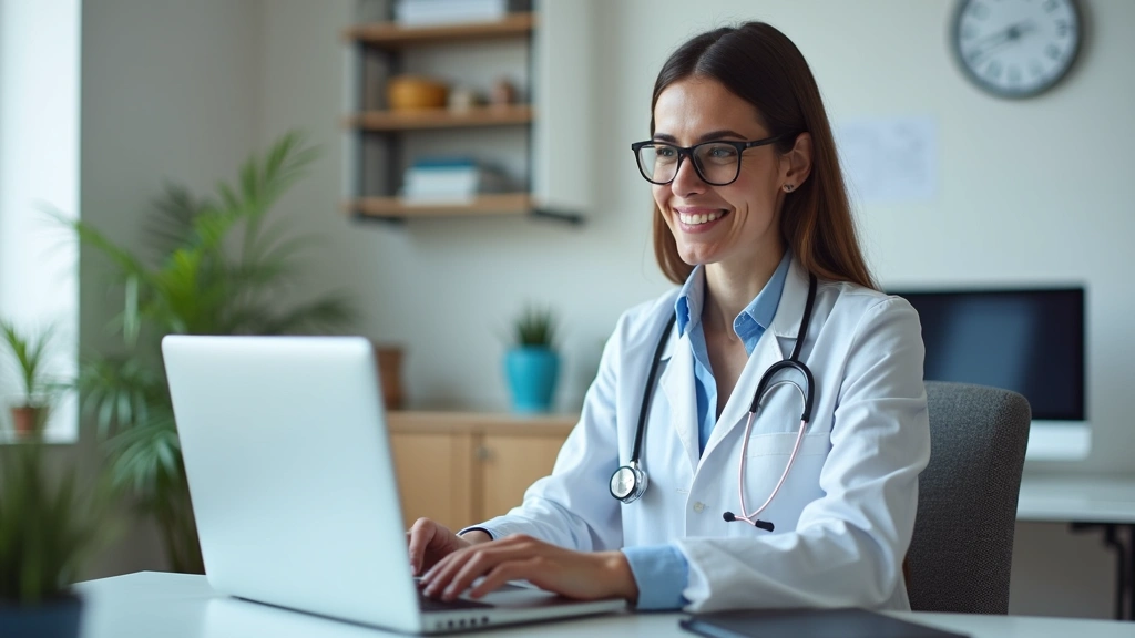 Licensed healthcare provider conducting video telemedicine appointment on laptop, medical office background, professional att