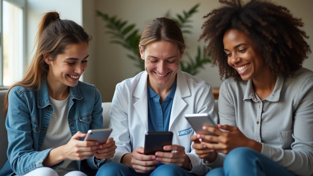 Diverse patient group using smartphones and tablets for remote healthcare services, casual comfortable settings, genuine inte