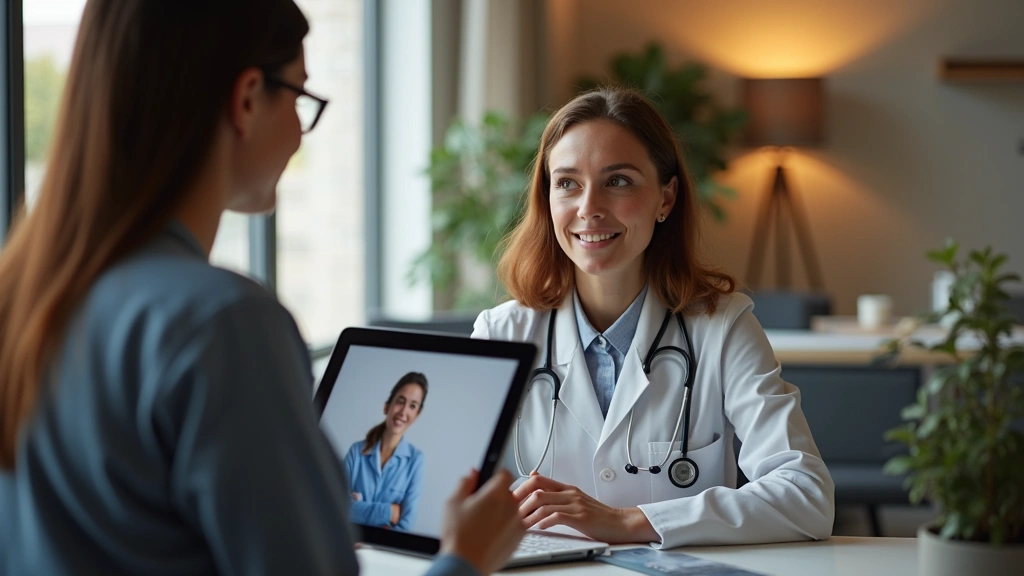 Professional woman consulting with healthcare provider via video call on tablet in modern home office setting, warm lighting, focused expression