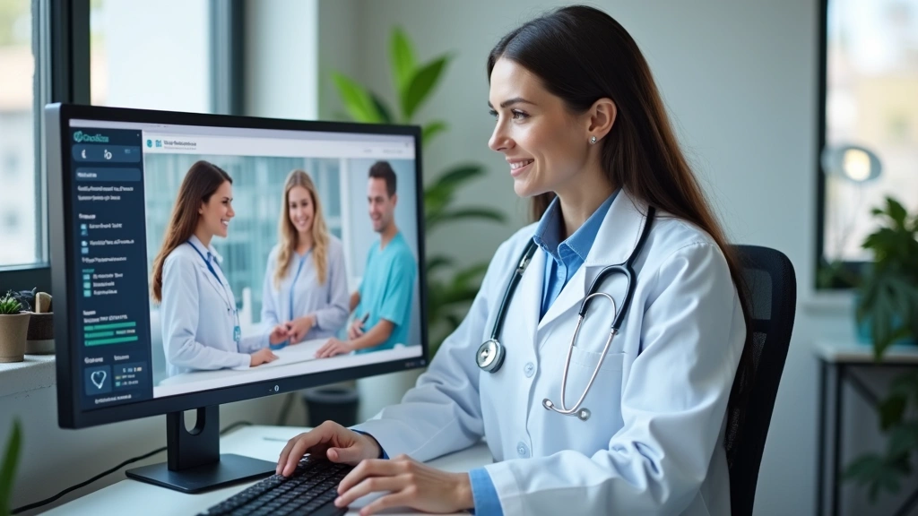 Licensed physician in white coat reviewing patient information on computer screen in clinical telehealth office, professional
