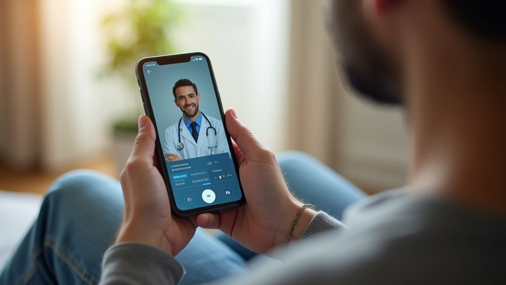 Patient using smartphone app to schedule virtual doctor appointment, sitting comfortably at home with calm background, health