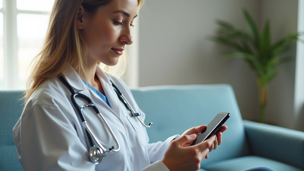 Professional woman using smartphone for virtual doctor consultation at home, calm medical setting, natural lighting through w