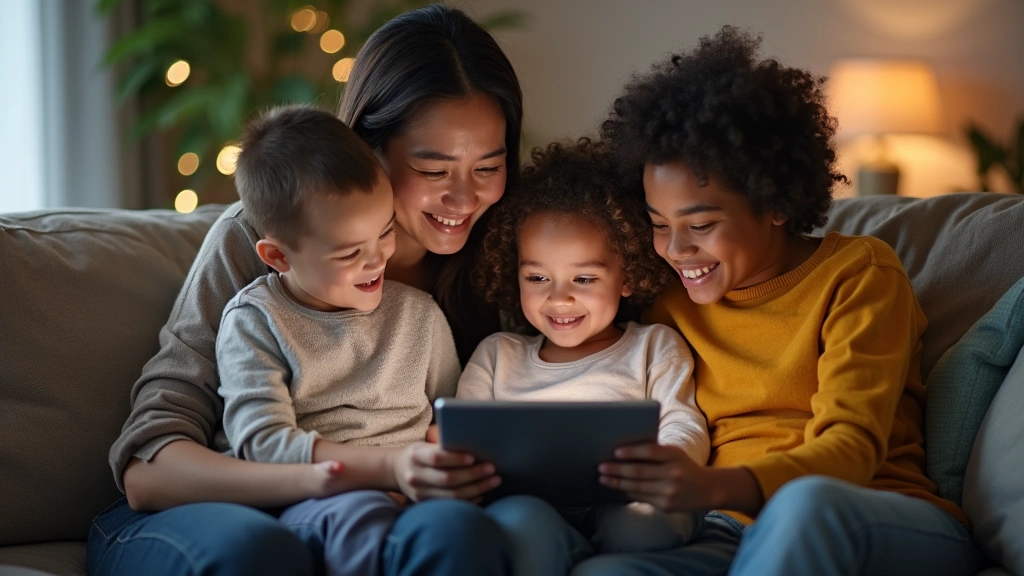 Diverse family reviewing health documents on tablet device together in living room, warm lighting, inclusive representation,