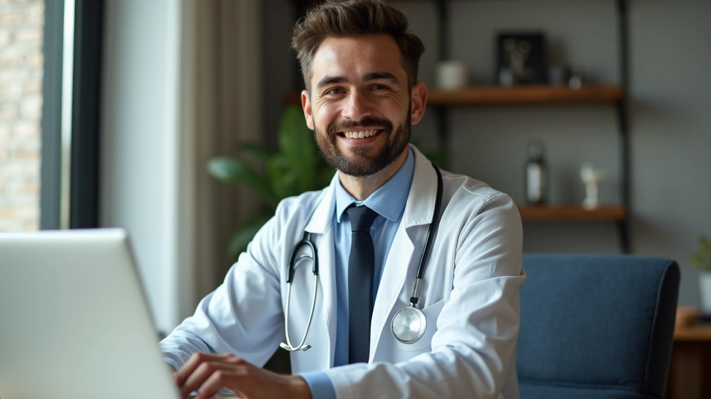 Young professional man in business casual attire during video call with doctor on laptop computer, home office environment, c