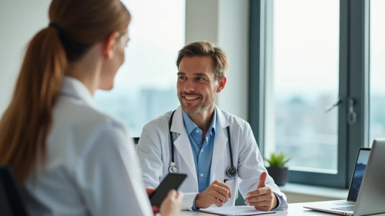 Professional woman using smartphone for video consultation with doctor in modern home office environment, bright natural lighting, medical care setting