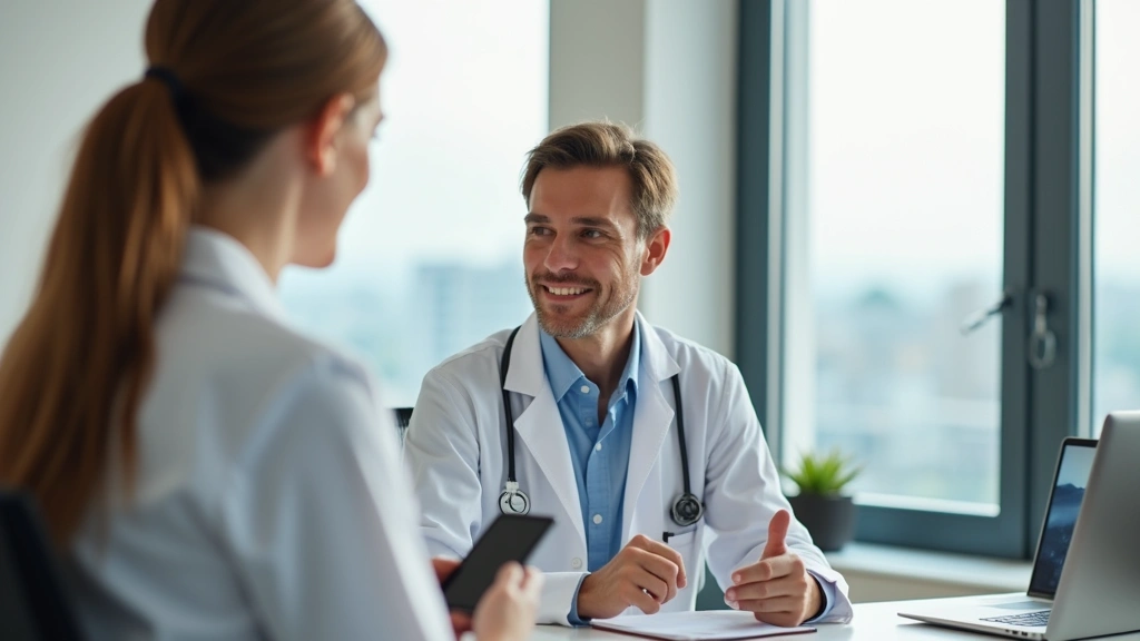 Professional woman using smartphone for video consultation with doctor in modern home office environment, bright natural lighting, medical care setting