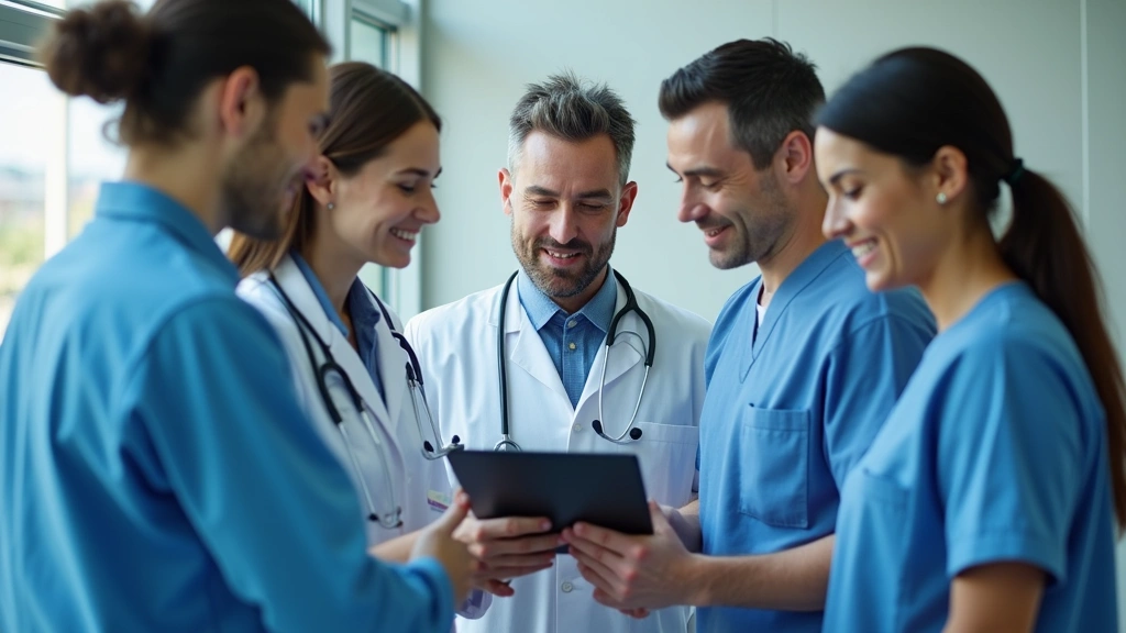 Diverse group of healthcare professionals in modern clinic reviewing digital health records on tablet computer, collaborative