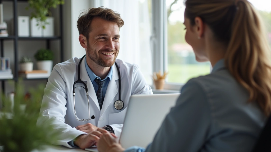 Young professional man at desk having telehealth video call on laptop with female doctor, home healthcare setting, contempora