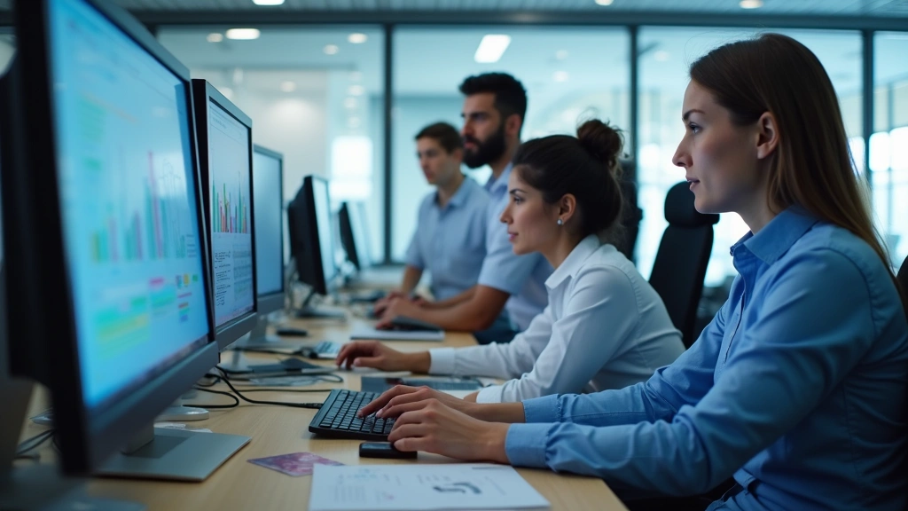 Professional healthcare IT team collaborating in modern office environment with computer screens displaying EHR software interface, diverse employees working together