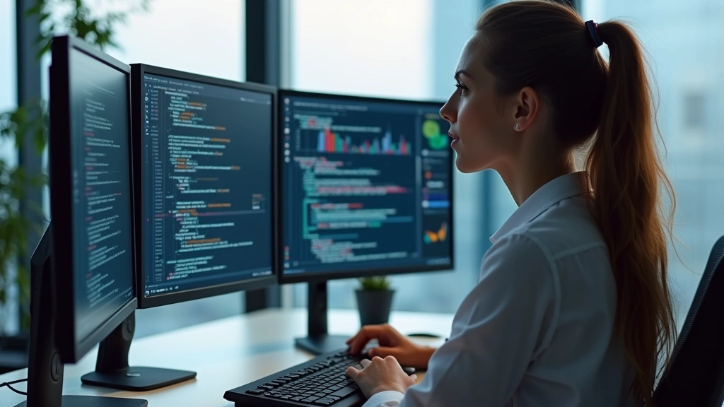 Female software engineer at desk with multiple monitors showing code and healthcare data analytics, modern tech company works
