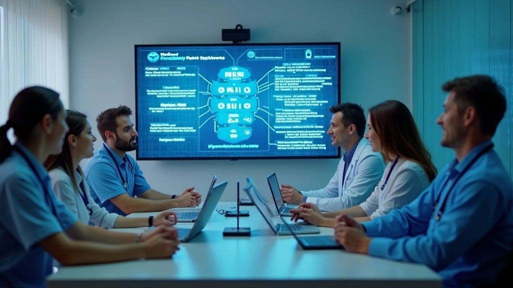 Healthcare professionals and technology specialists in collaborative meeting room discussing digital health solutions and pat