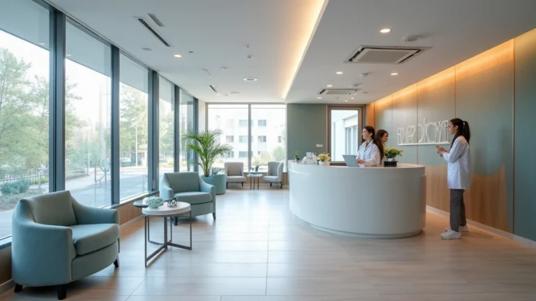 Professional medical clinic reception area with modern furniture, healthcare staff at desk, bright natural lighting, Boston healthcare facility aesthetic