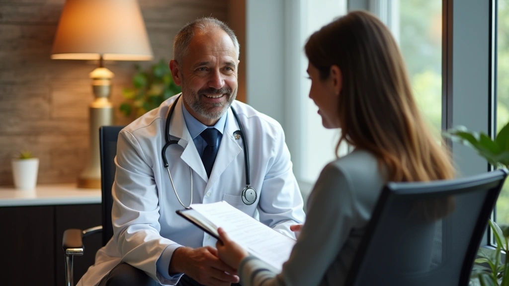 Patient consultation room with doctor and patient discussing medical records, warm professional environment, contemporary med